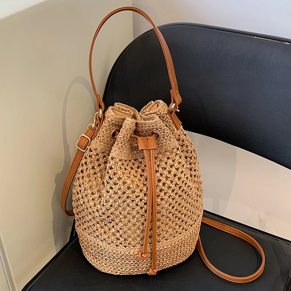 Summer Straw Woven Beach Bag Rattan Ladies Purses Handbag Wrist Pack Women Handle Female Bucket Tote Bags Knit Travel 250102