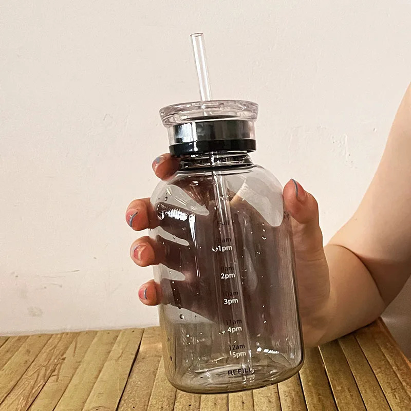 450/750ml Large Glass Water Bottle with Straw 2 Lids Clear Kawaii Drinking Bottle Leakproof Cup for Woman Girl 250102