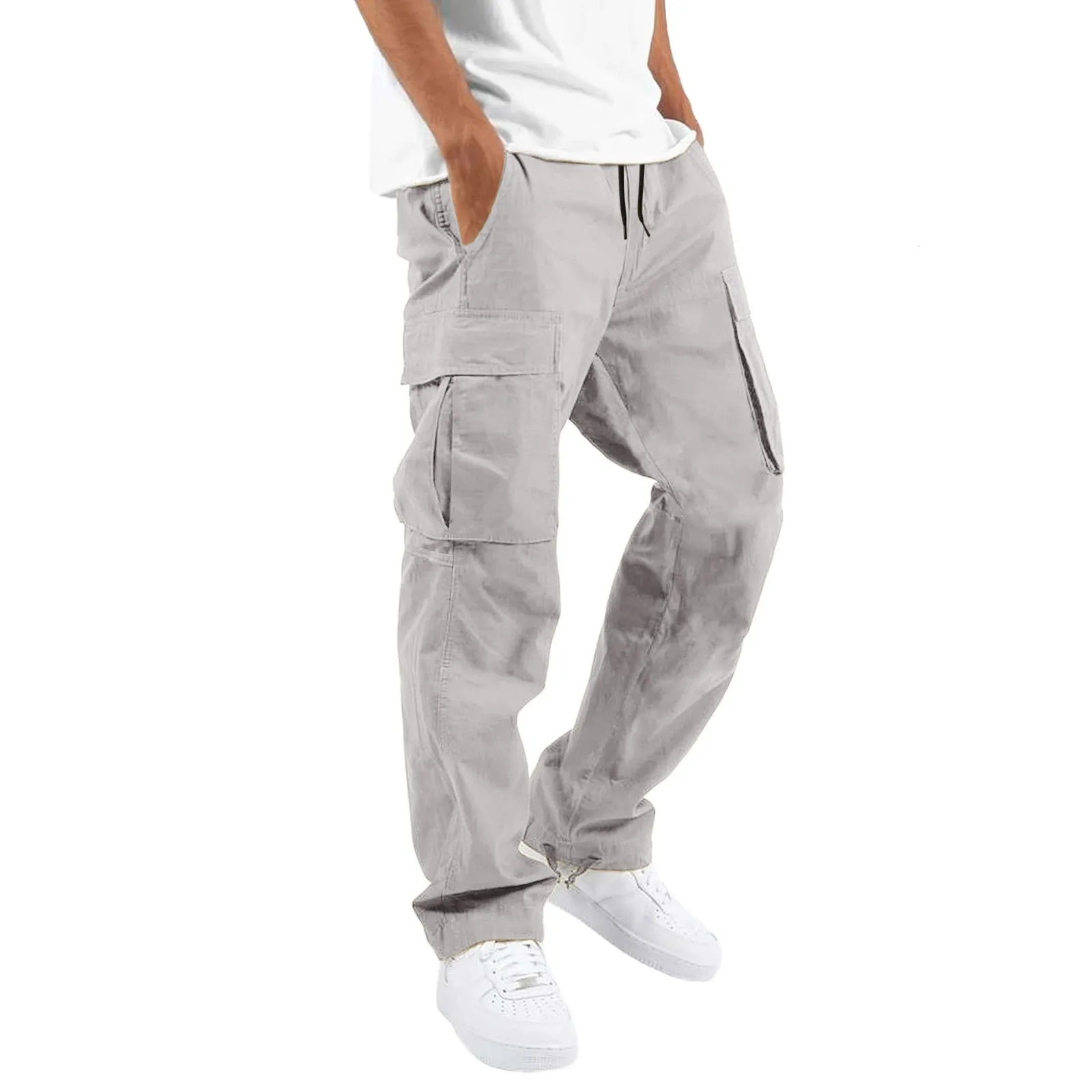 Mens Fashion Casual Pants With Pockets Drawstring Elastic Waist Solid Color Multiple Pockets Loose Sports Cargo Pants 250102