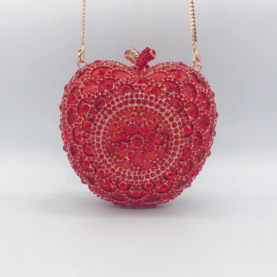 Luxury Red Apple Shape Clutch Design Rhinestone Wedding Handbag Women Gold Metal Evening Clutches Bag Mini Ladies Diamond Purses