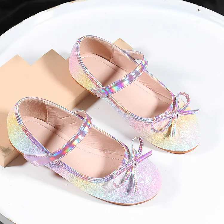Princess Wedding Shoes Autumn New Rainbow Bow Childrens Soft Sole Leather Shoes Sparkling Girls Dance Party Shoes Childrens Apartment M250103