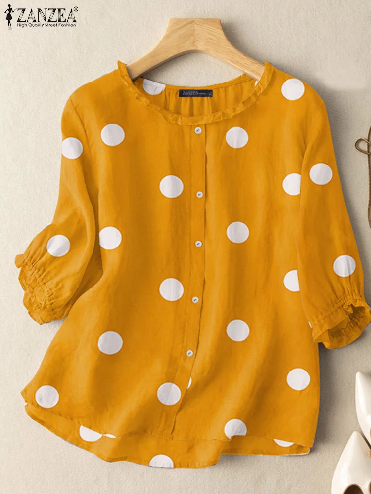 ZANZEA Summer Polka Dot Printed Shirt Elegant Womens Shirt Casual Ruffle Party Holiday Blue 3/4 Sleeve Bohemian Tuned Top 250102