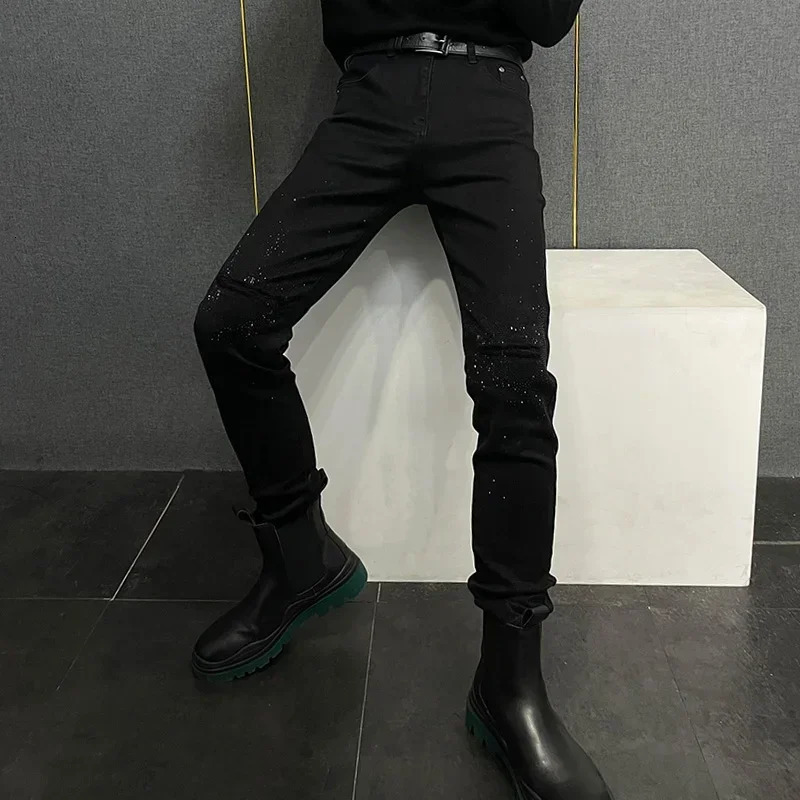 Black Rhinestone Jeans Mens Fall Slim Fit Stretch Feet Pants Fake Ripped n Casual Long Mens Pants Autumn Clothes 241230