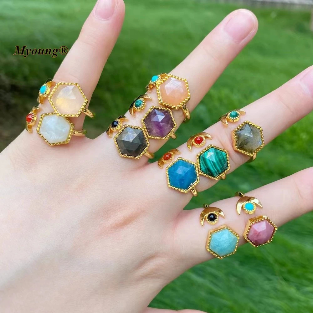 10 Exquisite Hexagonal Natural Gemstone Labrador Amethyst Adjustable Gold Rings for Women MY220825 250102