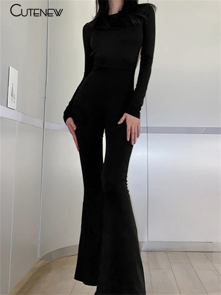 Cute Solid Black Sexy Backless Bodycon Wide Leg Jumpsuit Women Autumn Casual Slim Long Sleeve ONeck Playsuit Lady Streetwear 250103