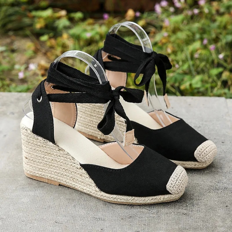 2024 Womens Espadrille Ankle Strap Sandals Comfortable Slippers Ladies Womens Casual Shoes Breathable Flax Hemp Canvas Pumps 250102