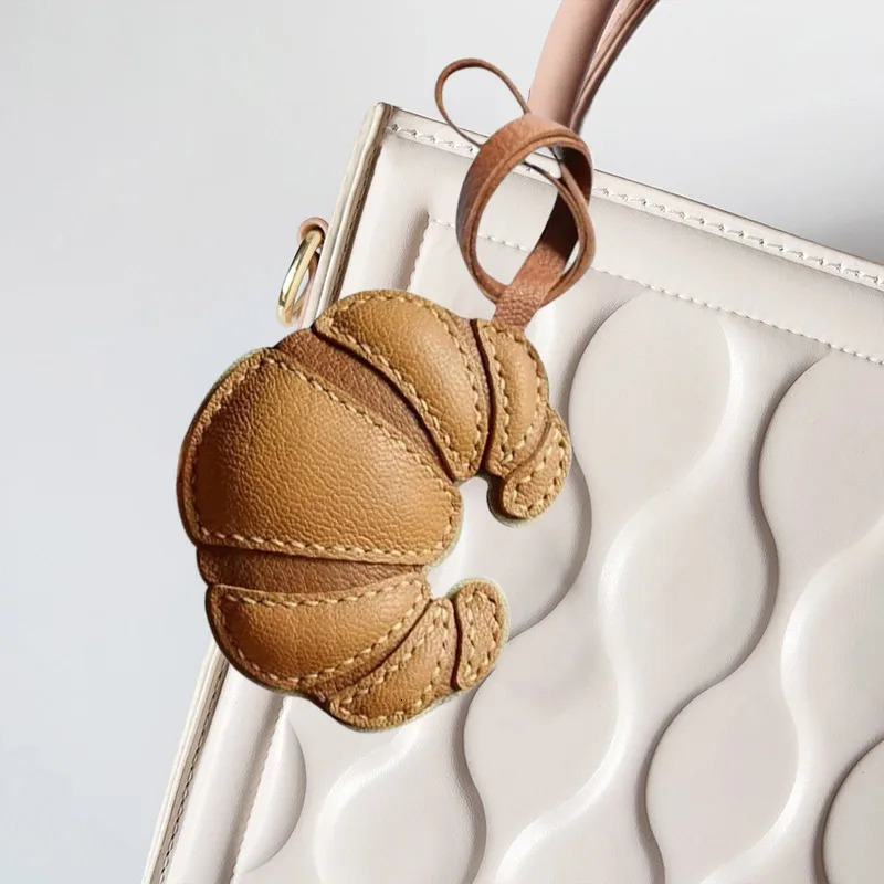 Handmade Leather Sheepskin Croissant Bag Pendant Charm Keychain Mobile Phone Shell Pendant Gift Bag Decoration Accessories 250102