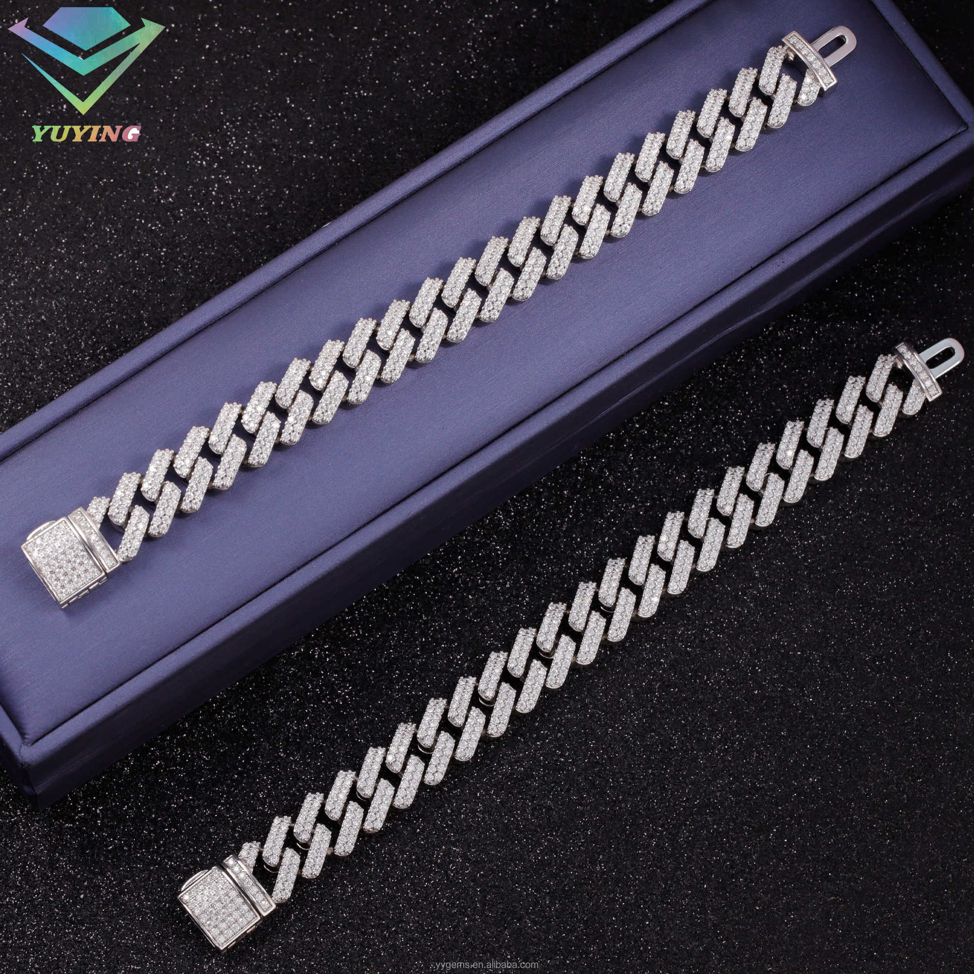 Yu Ying 100% Pass Tester Moissanite Bracelet 2rows 13mm S925 Silver Hip Hop Bracelet For Men Moissanite Cuban Chain Bracelet