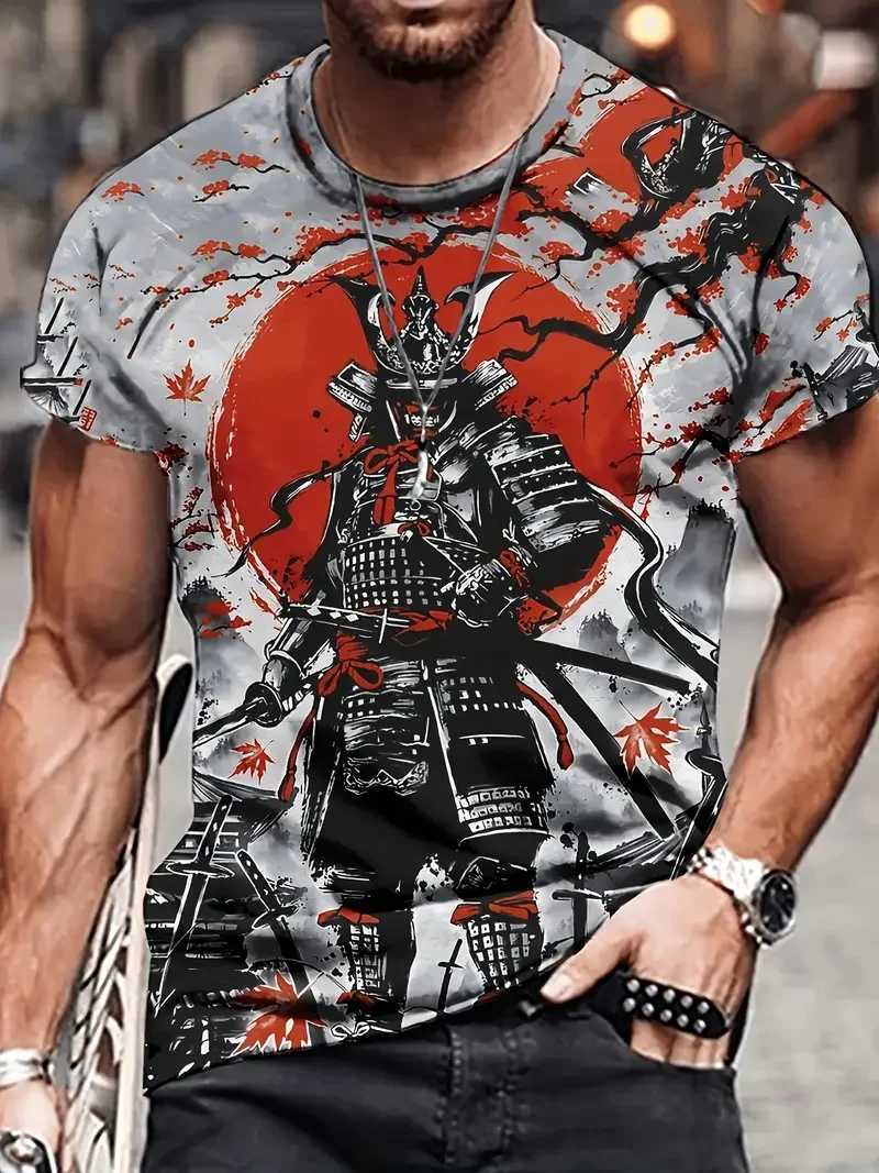 Samurai Mens T-shirt Soldier Print O Neck Short Sleeve Casual Anime Pullover Streetwear Outdoor Male Tee Top Oversized ClothingXJ240102