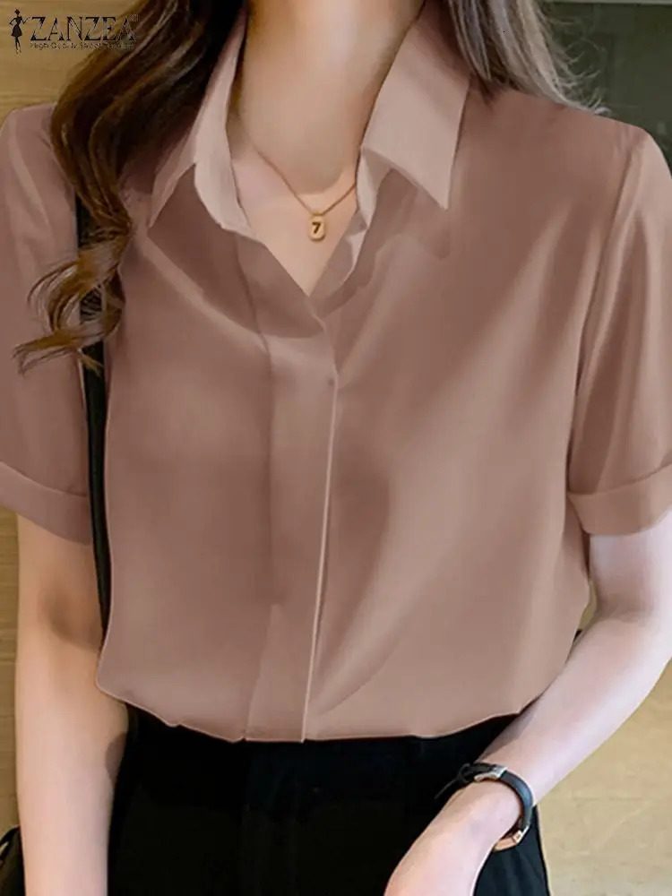 Womens Summer Top Elegant Solid Shirt ZANZEA Casual Collar Short Sleeve Office Womens Work Blusas Women OL Tuning Chemicals 250102