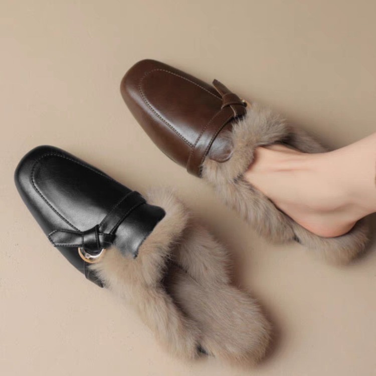 fur slippers women New metal decoration mules winter plush shoes woman cotton pantuflas cover toe furry slides ry