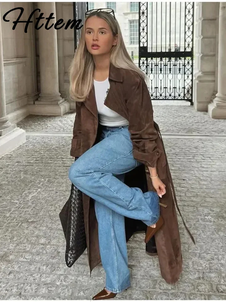 Elegant Suede Long Trench Coats With Belt Women Long Sleeve Double Breasted Windbreaker 2024 Autumn Lady High Street Overcoat 241224
