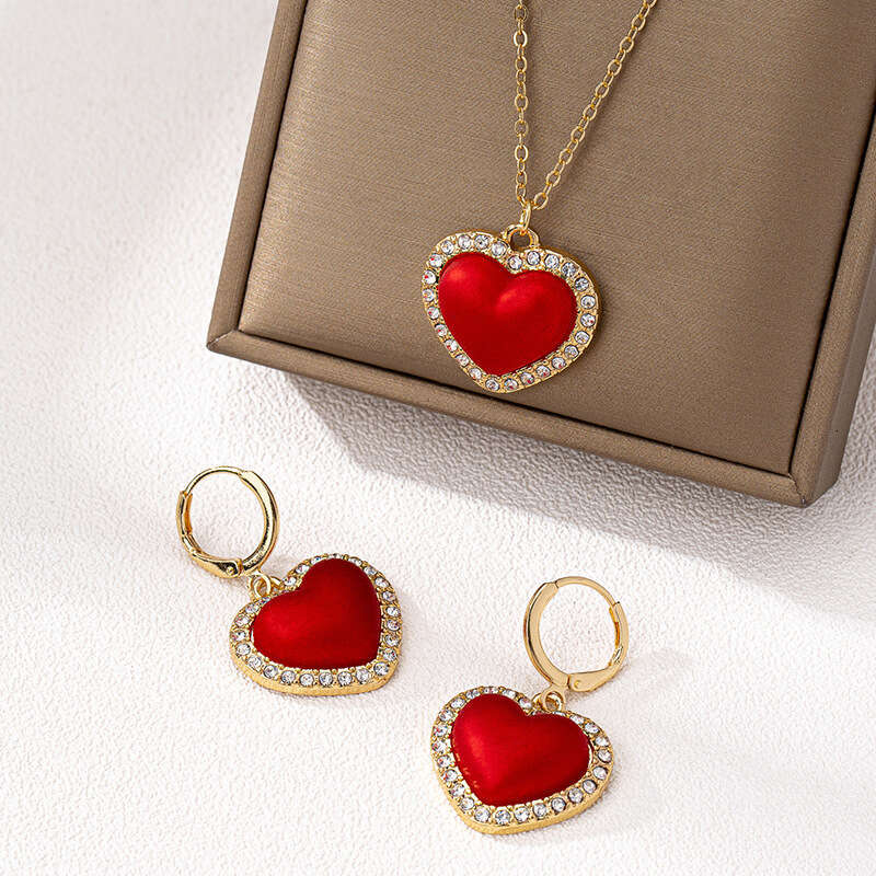 1 of fashionable and exquisite simple metal chain heart-shaped dia inlaid pendant womens earrings necklace jewelry set