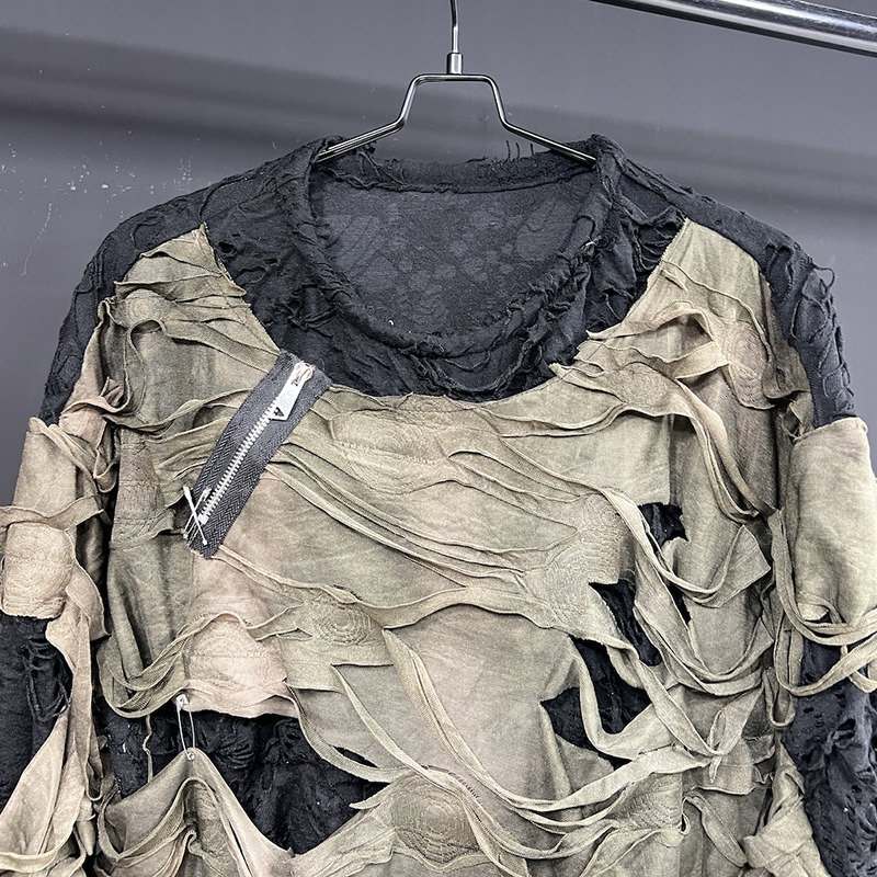 PFHQ Worn-Out Men's T-Shirts Round Collar Loose Hole Zipper Patchwork Long Sleeve Casual Fake Two-Piece Male Tees Spring 21Z9082