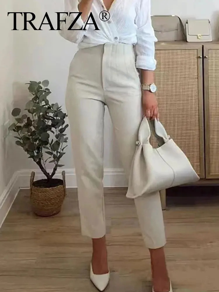 TRAFZA Woman Solid Trouser High Waist Slim Zipper Fly Long Pants Female Wild Commute Office Lady Pencil Pant Street 250102