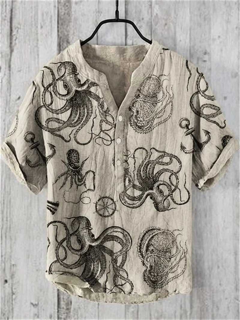 Spring and summer linen blend shirt stand alone casual cat print Hawaiian style printed shirt W250103
