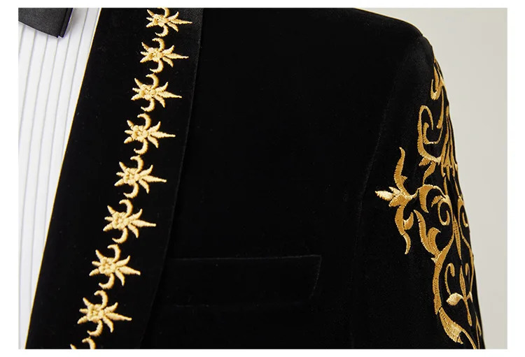 Golden Baroque Flower Embroidered Velvet Jacket Mens Shawl Collar Single Button Jacket Wedding Party Evening Dress 250102