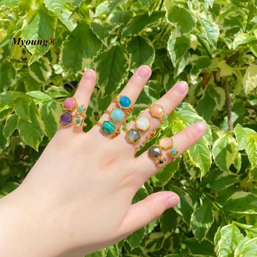 10 Exquisite Hexagonal Natural Gemstone Labrador Amethyst Adjustable Gold Rings for Women MY220825 250102