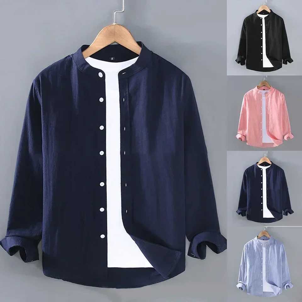 Mens linen shirt stand up collar long sleeved Henry white soft black comfortable simple spring/summer mens shirt solid color W250103