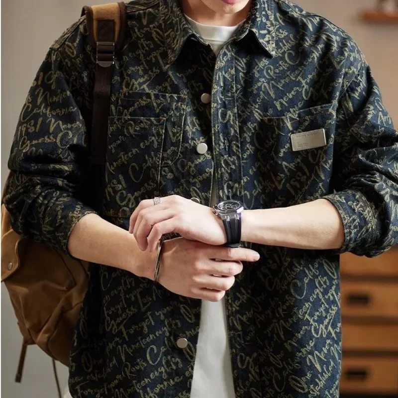 Spring and Autumn Jacquard Denim Shirt Mens Washing Strict Collar Jacket Thin Casual Trendy Vest Chinese Clothing W250103