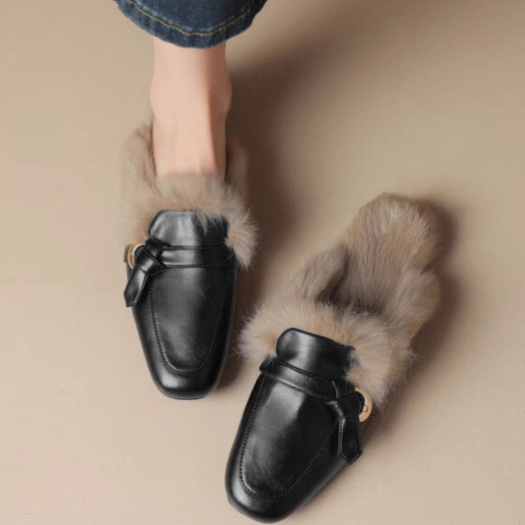 fur slippers women New metal decoration mules winter plush shoes woman cotton pantuflas cover toe furry slides ry