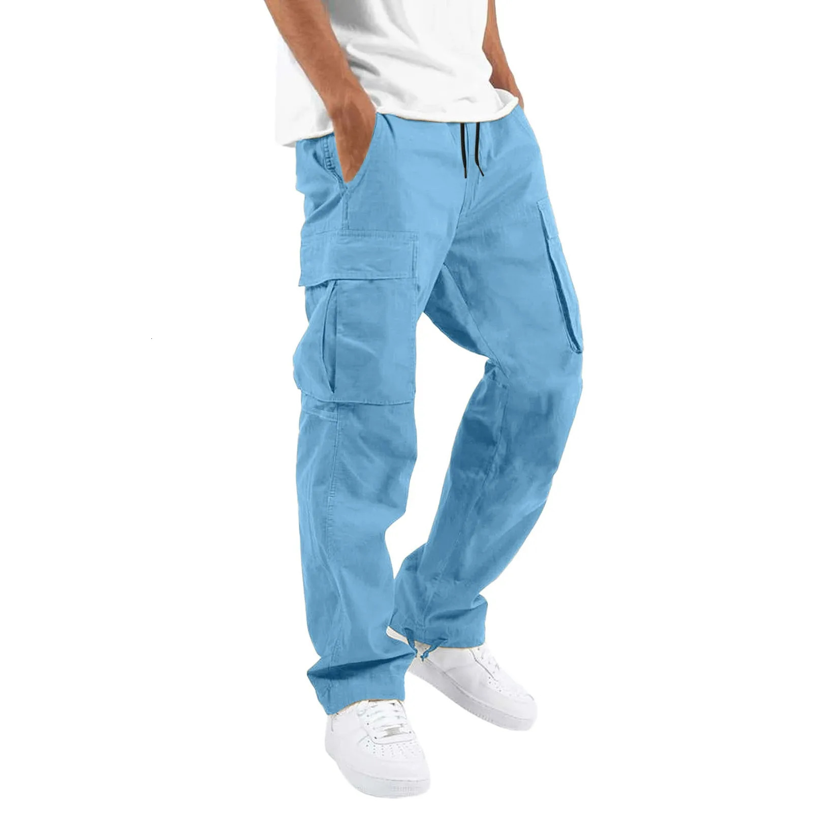 Mens Fashion Casual Pants With Pockets Drawstring Elastic Waist Solid Color Multiple Pockets Loose Sports Cargo Pants 250102