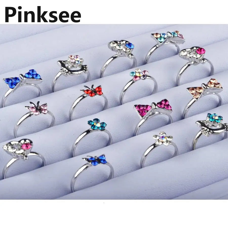 Mixed batch of 60 silver plated childrens rings with combination crystal rings childrens party small size adjustable heart-shaped rings wholesale 2501