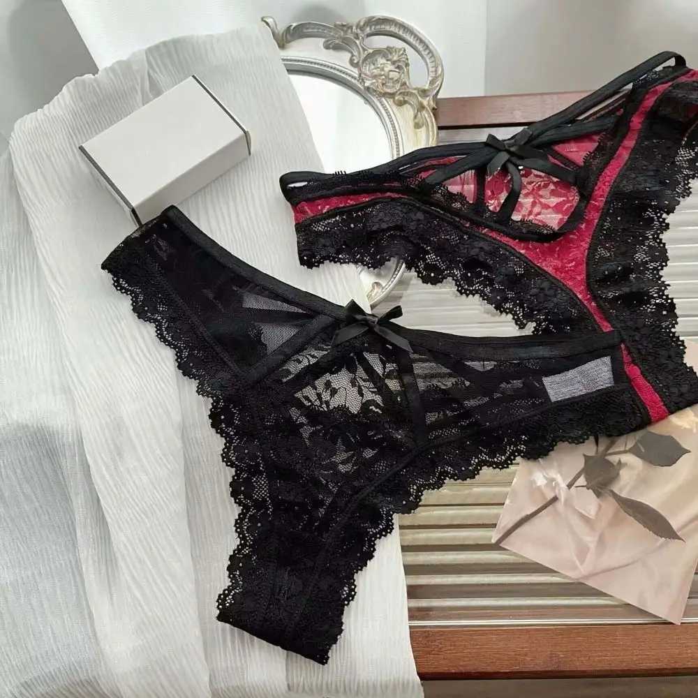 Breathable Patch Work Network Flower Bow Underwear Ruffle thong Lace Transparent Fabric Low Waist Hollow Women W250103