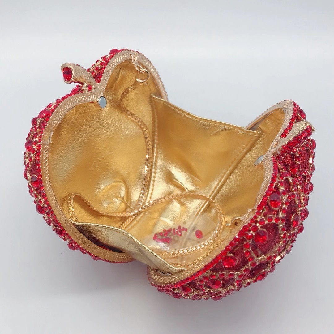 Luxury Red Apple Shape Clutch Design Rhinestone Wedding Handbag Women Gold Metal Evening Clutches Bag Mini Ladies Diamond Purses