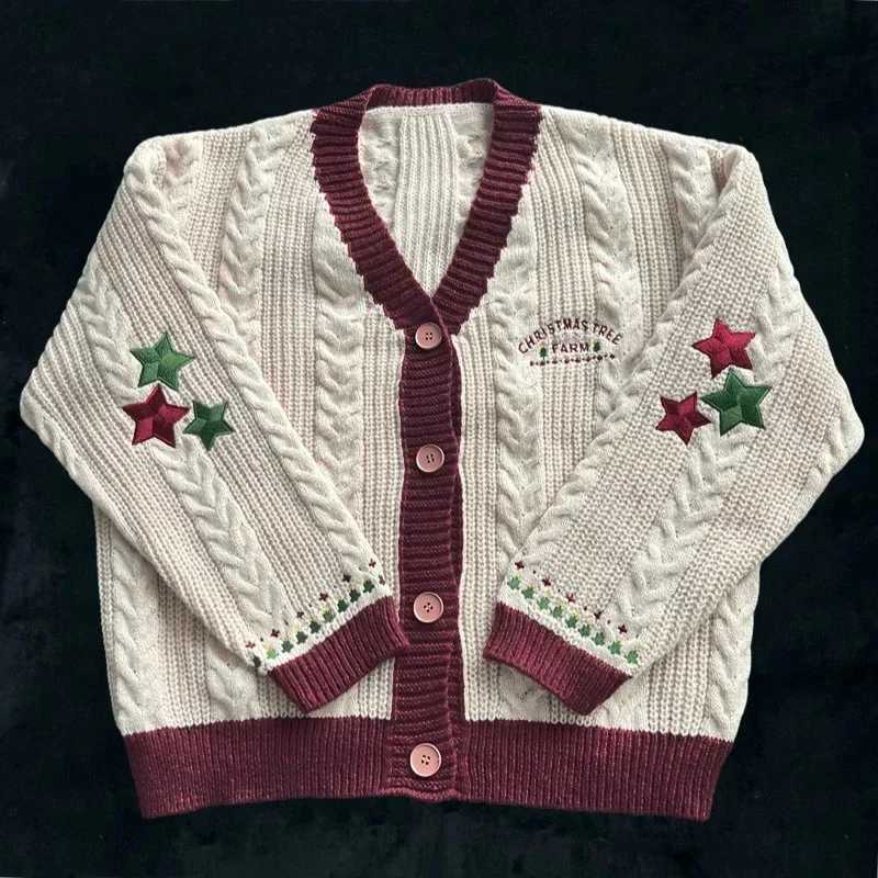 Christmas tree womens cardigan wool sweater autumn and winter knitted cardigan wool sweater with star embroidery holiday sweater folk top Christmas gi