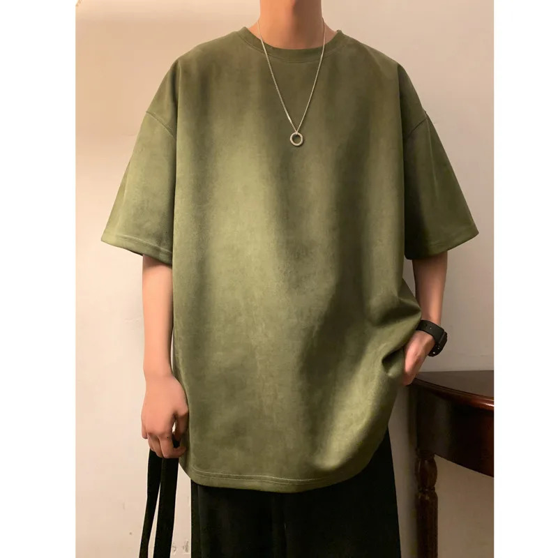 Suede T-shirt Men Oversized Fashion Solid Color Retro T Shirt Men Streetwear Summer Loose Short Sleeved T-shirt Mens Top M-3XL 250102