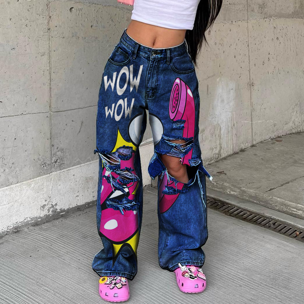 Women's Long High Waist Ripped Printing Thick Edge European And American Wide-Leg Pants Trend Y2k Personalized Jeans