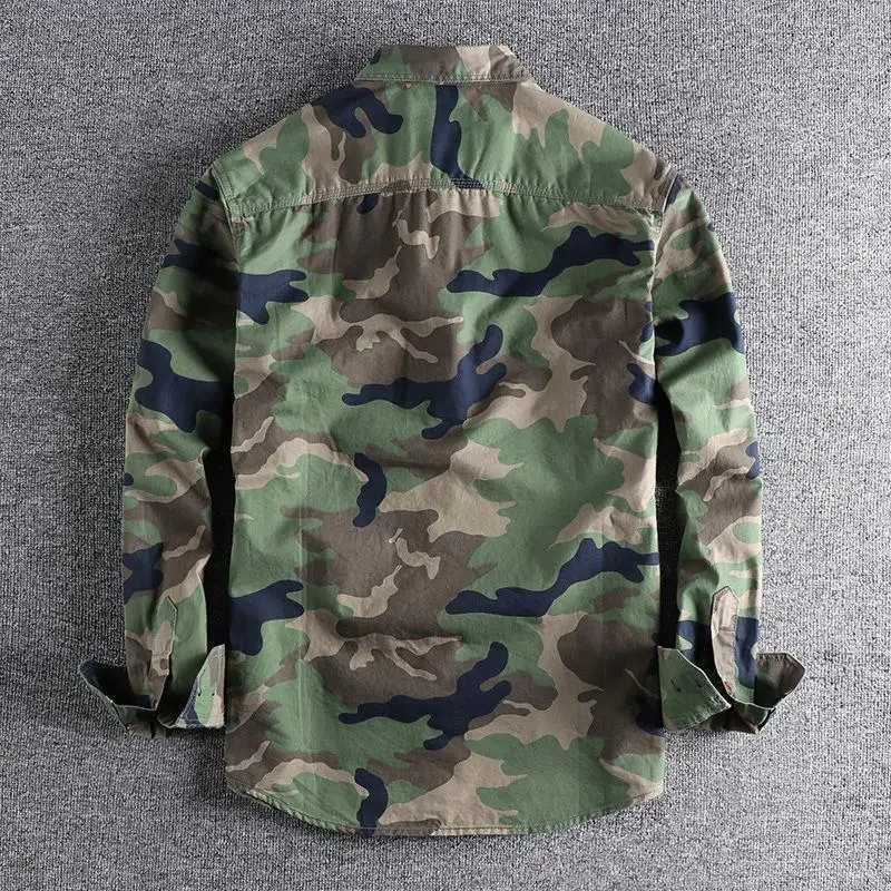 Fashionable camouflage long sleeved mens work shirt casual loose fit wear-resistant top layer clothing American style W250103