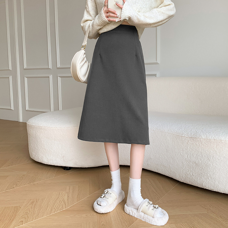 GY3269 autumn and winter temperament professional Korean version high waist medium length straight skirt back slit woolen hip one step skirt