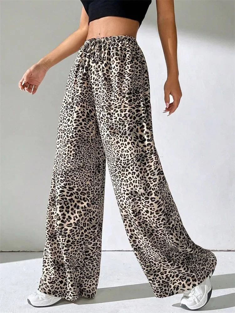 Leopard print wide leg pants womens winter Y2K elastic high waisted floor pants 250102