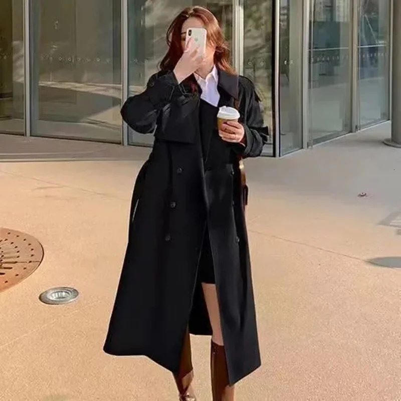 Streetwear Loose Trench Coat Midi Length Fashion Korean Elegant Khaki Black Womens Windbreaker Coat Casual Double Breasted Tops 241224