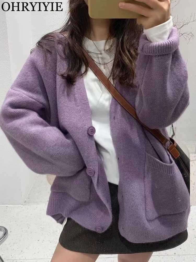 OHRYIE Autumn/Winter New Knitted Womens Loose Casual V-neck Knitted Sweater Coat Womens Solid Cardigan M250102