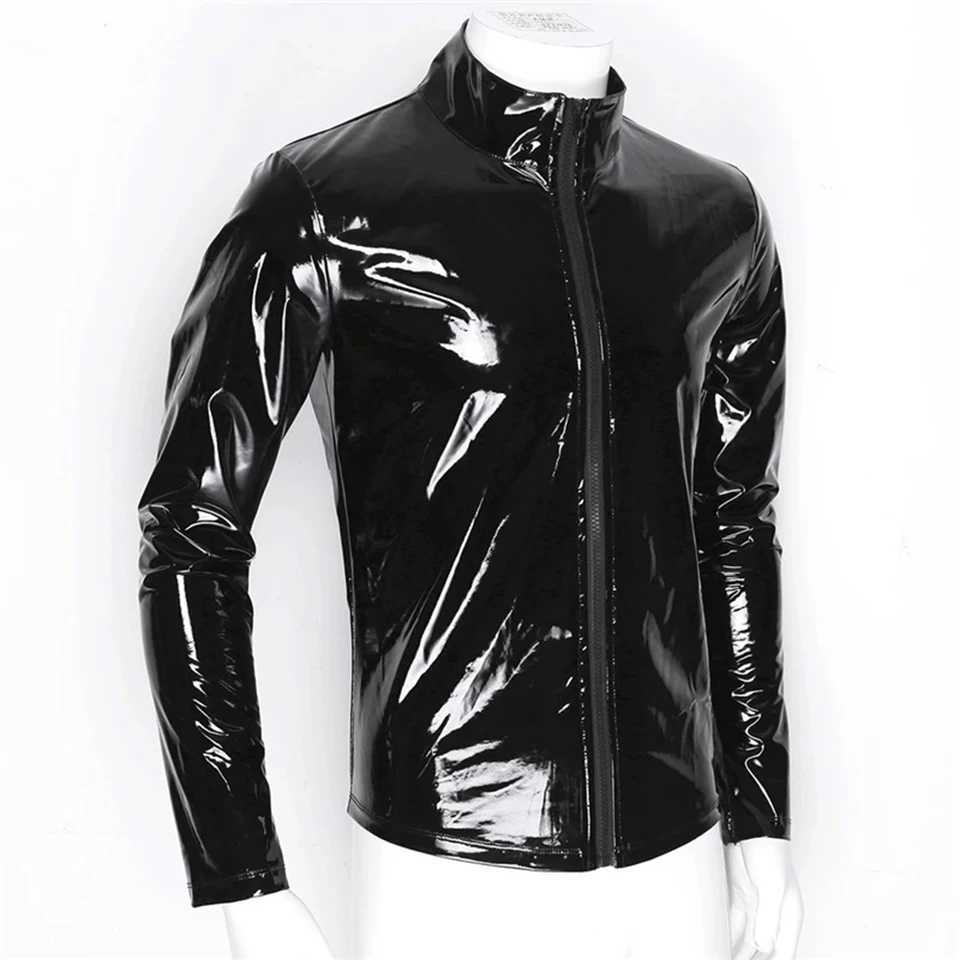 Mens jackets underwear Wetbook shiny leather bodysuits jumpsuits tops underwear nightclubs zippers stage costumes W250103