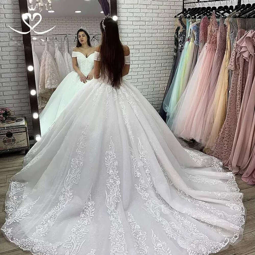 Arabic Ball Wedding Dresses Off The Shoulder Appliques Beaded Tassel Cathedral Train Bridal Gown With Lace Up