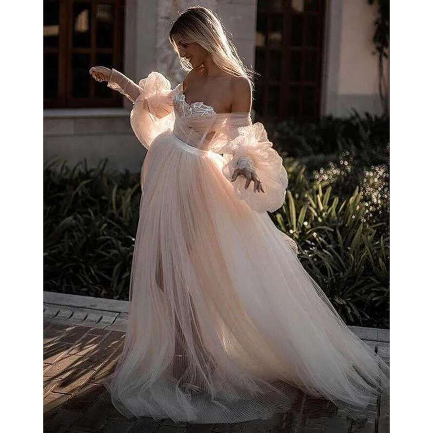 Champagne Long Sleeves Tulle Bohemia Beach Dresses Off Shoulder A E Ruched Country Wedding Bridal Gowns Bc2430
