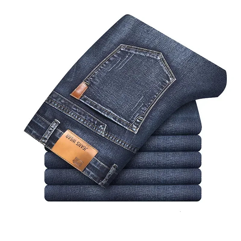 Fashion European American Style Stretch Men Jeans Mens Denim Pants Slim Straight Deep Blue Gentleman Size 28-38 Slacks 241230