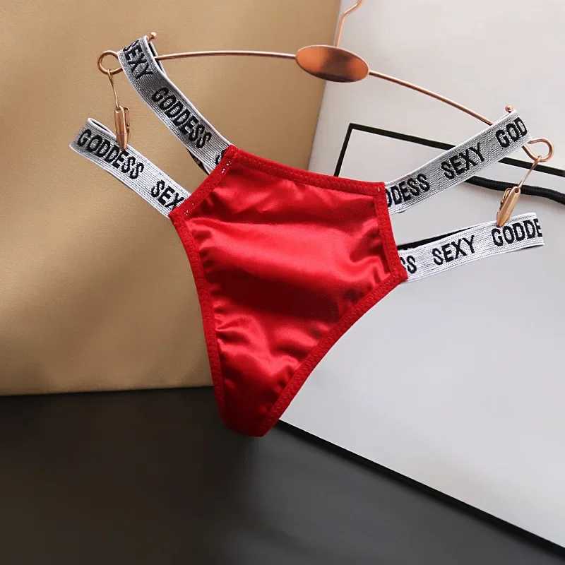 Womens silky smooth hollow underwear fashionable solid color cotton low waist letters sexy satin thong for fun girls W250103