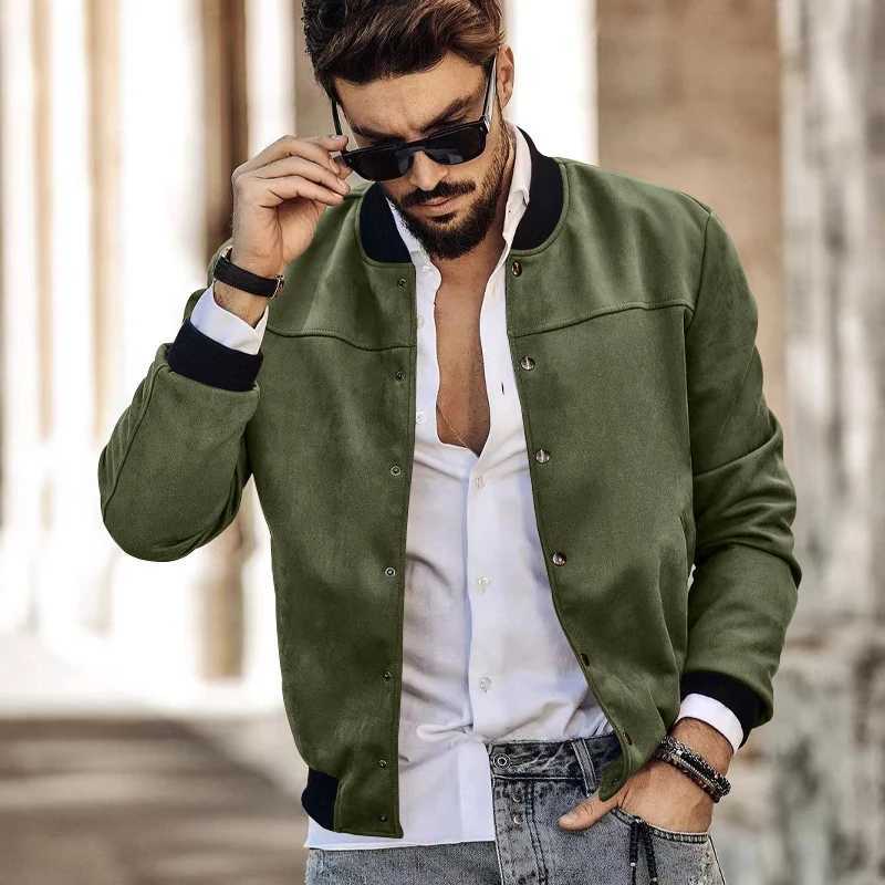 Mens suede jacket with stand up collar button up cardigan American jacket casual fashion spring and autumn W250103