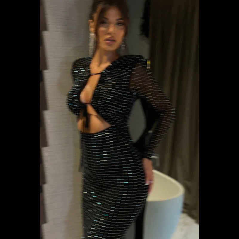Cryptographic Fashion Sequins Tie Front Maxi Dress Suitable for Elegant Party Club Clothing for Women Womens Long Sleeve Bandage Dress 250102