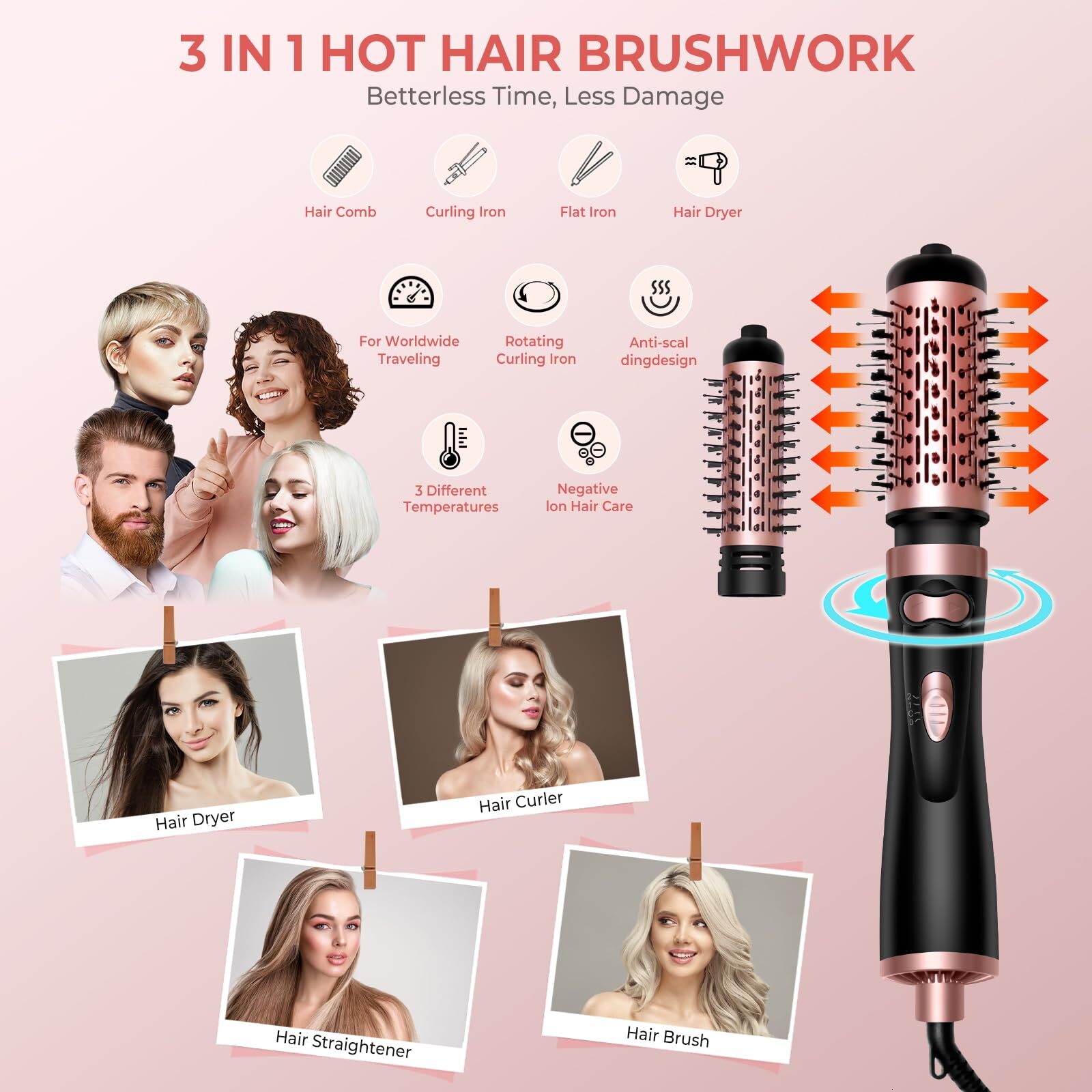 Hair Dryer 3-In-1 Round Spin Set 2 Detachable Auto Rotating Curg Brush Hot Air Styler