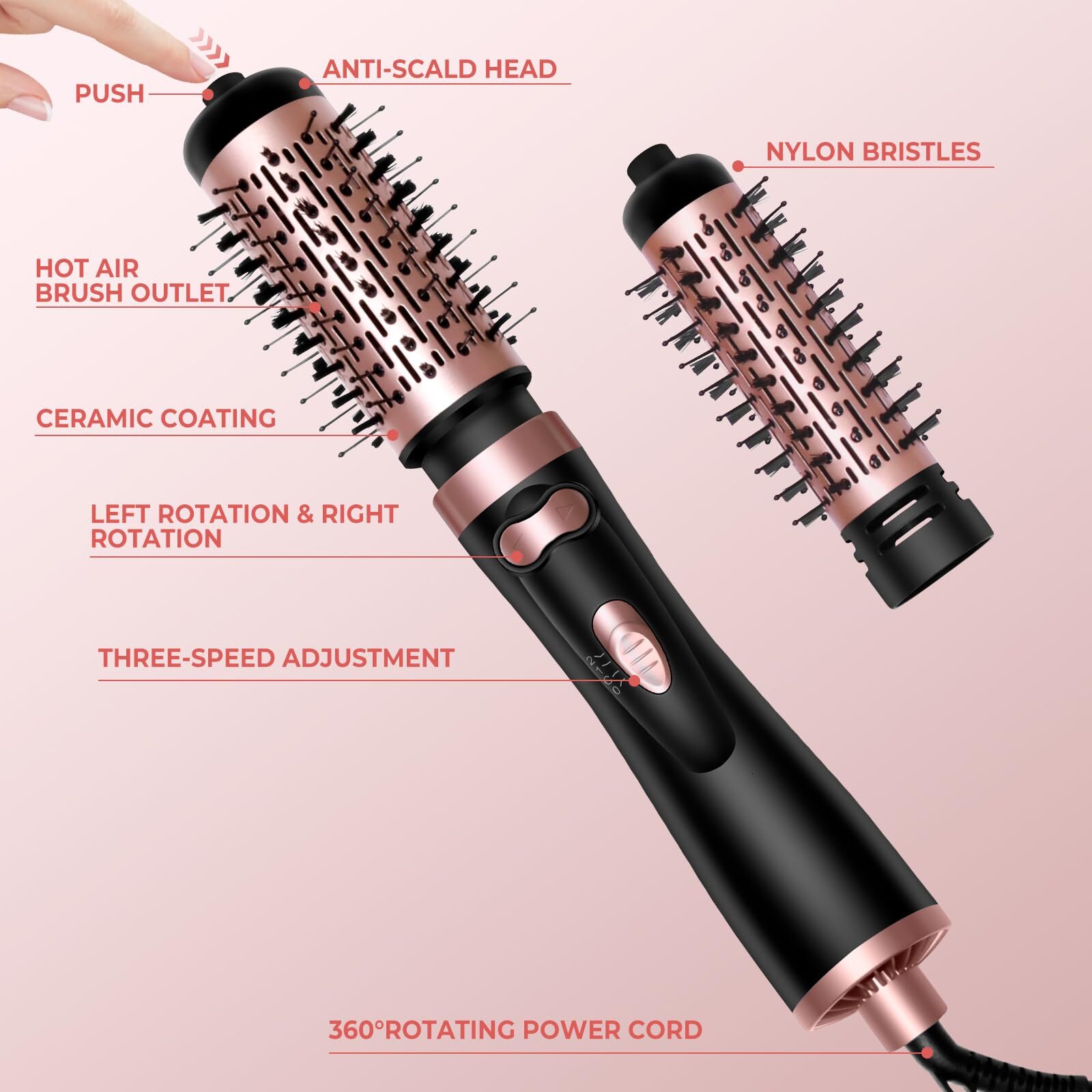Hair Dryer 3-In-1 Round Spin Set 2 Detachable Auto Rotating Curg Brush Hot Air Styler