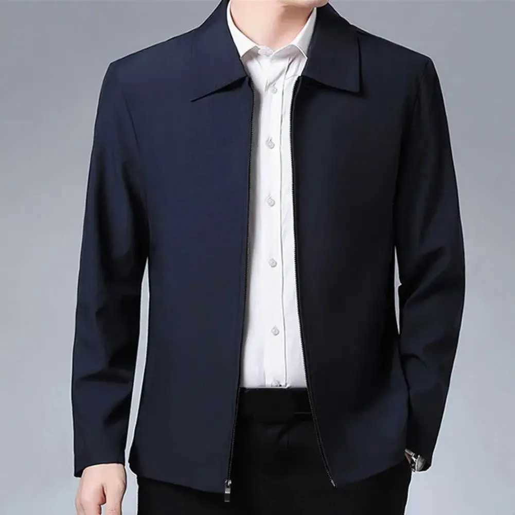 Zipper pocket mens jacket elegant middle-aged and elderly mens lapel jacket fashionable zipper closure straight fit soft formal W250103