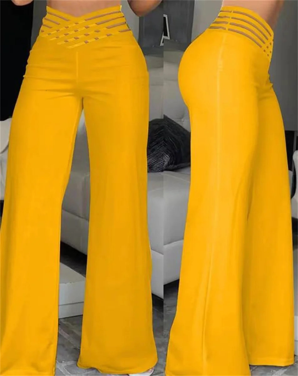 Elegant high waisted Flared womens pants for office casual Crisscross transparent mesh patch casual Trouser womens Y2K clothing 250102