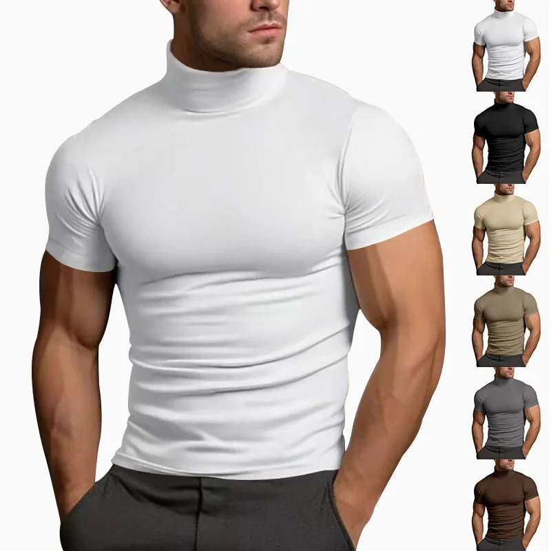 Cross-border 2024 summer solid color short-sleeved fashion bottoming shirt mens tight turtleneck T-shirt 250103