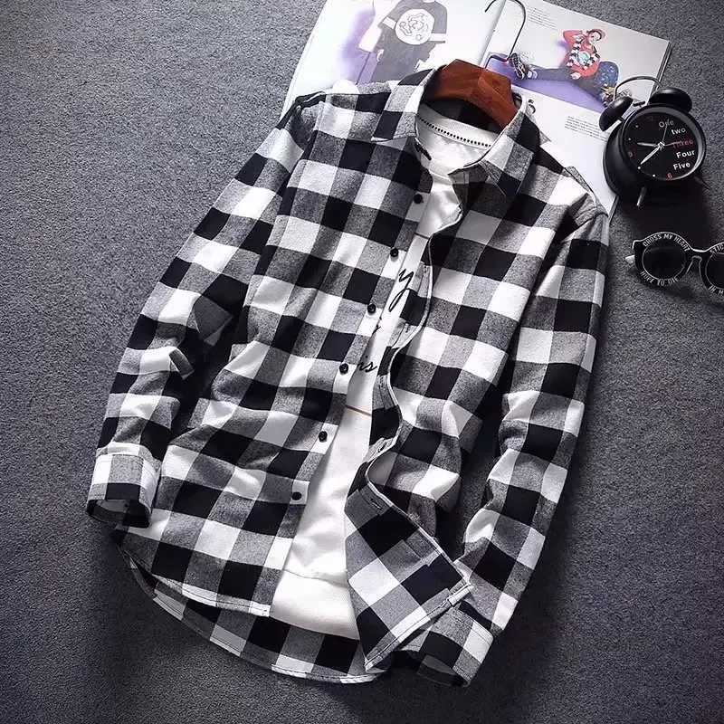 202 spring/summer casual red checkered long sleeved shirt youth lapel checkered tight fitting shirt smooth silhouette thin jacket W250103
